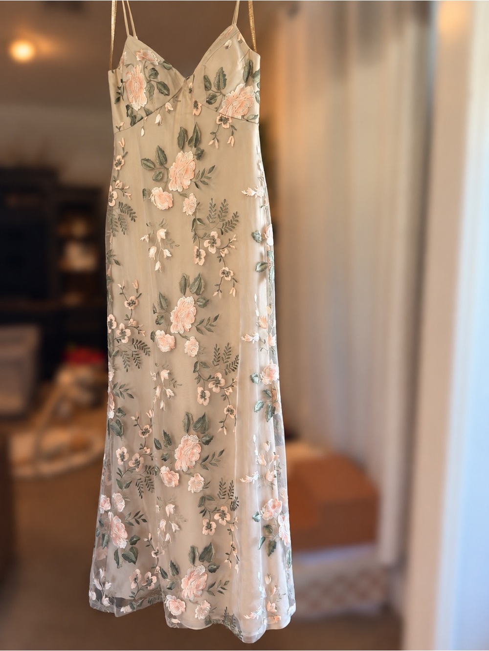 Jenny Yoo Ivory Maxi Slip Dress with Pink Floral Embroidery